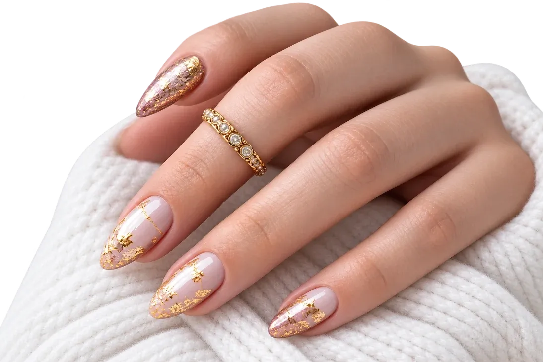 Hand with a gold-accented manicure resting on a knitted throw